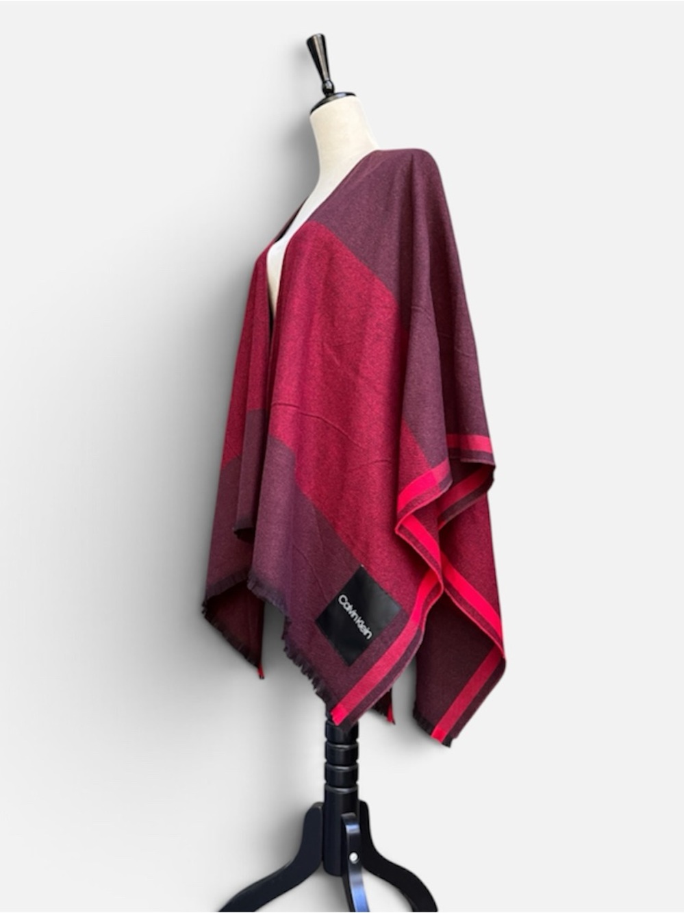 Calvin Klein Colorblock Plaid Poncho Wrap Cape Maroon Red One Size NWT